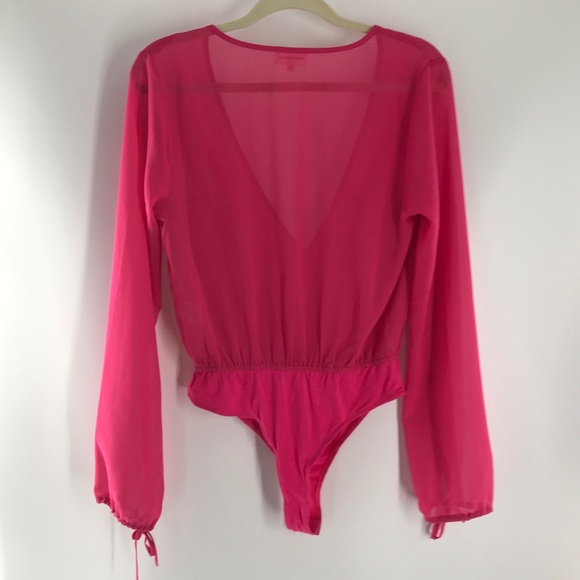 Superdown Celene Sheer Hot Pink Deep V-Neck Bodysuit Wrist Ties Dopamine Look - Picture 9 of 15